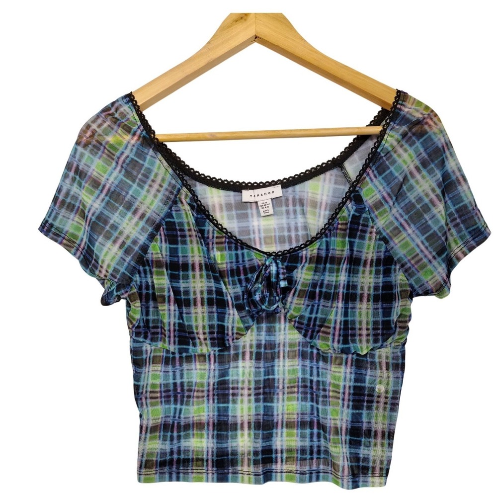 Topshop Blue Green Plaid Mesh Tie Front Crop Top M Y2K Grunge Coquette Aesthetic